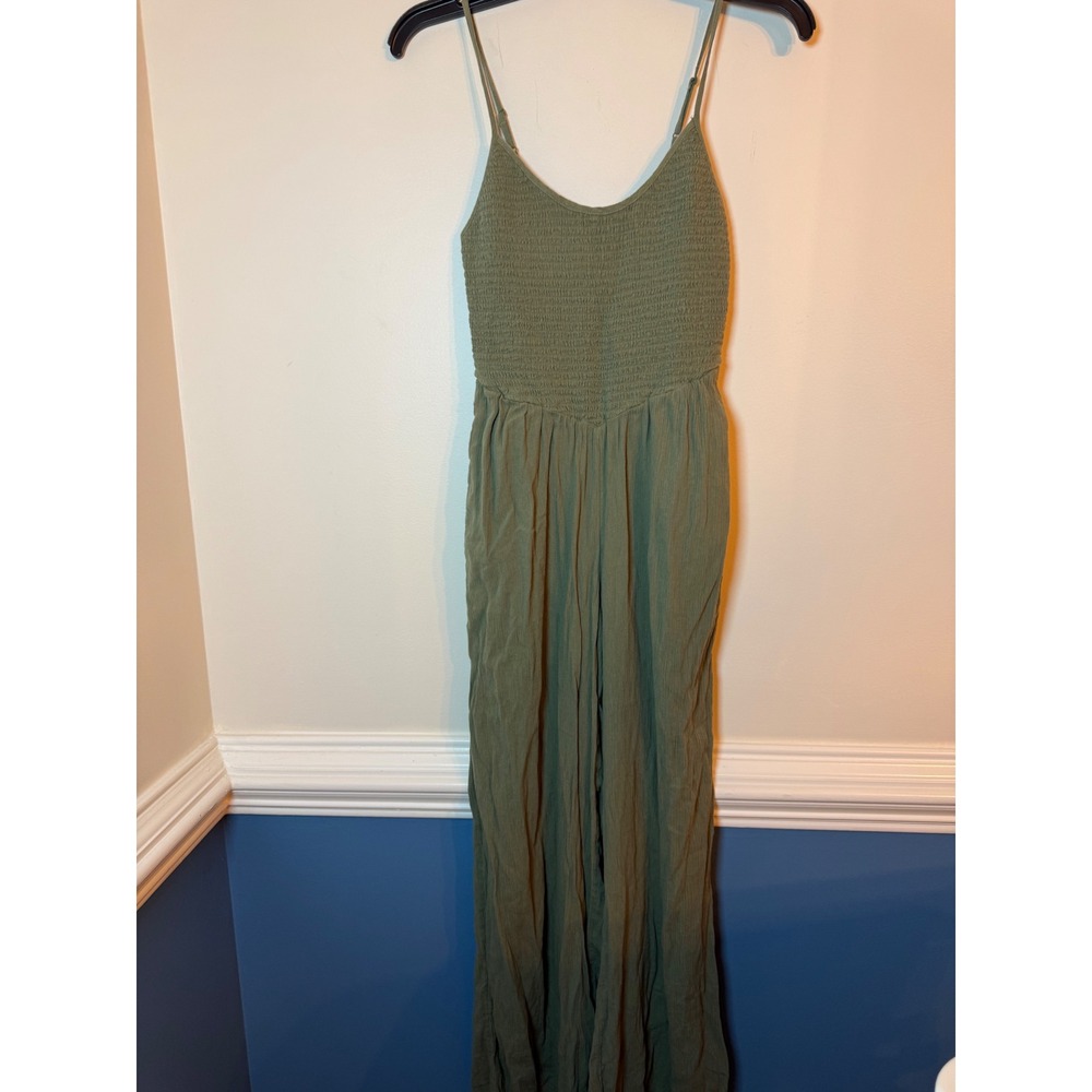 Aerie Jumpsuit Women XS Olive Green Smocked Bodice Wide Leg Adjustable Straps